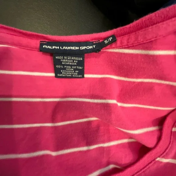Ralph Lauren Sport Pink White Striped V Neck Short Sleeve Cotton T Shirt Top S - Picture 7 of 8